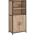 Bibliotheque buffet chene marron et noir avec niches ouvertes, cadre acier et tablettes modulables