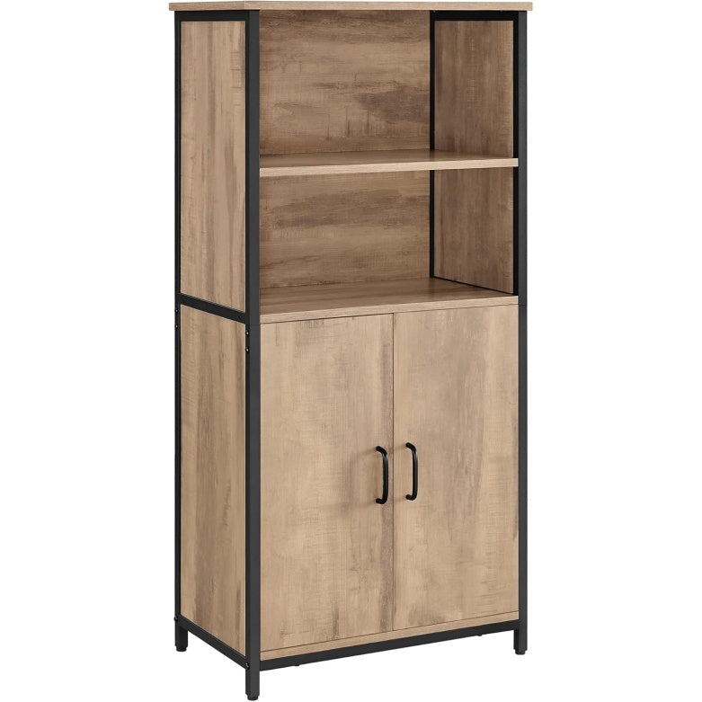Bibliotheque buffet chene marron et noir avec niches ouvertes, cadre acier et tablettes modulables