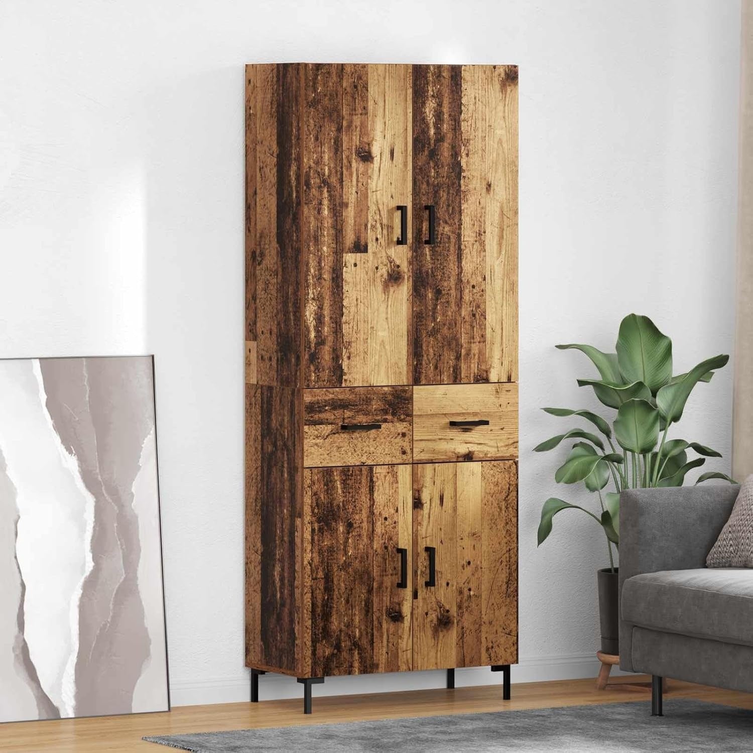 Placard mural effet bois ancien 69,5 x 34 x 180 cm avec tiroir et portes, solution de rangement elegante pour cuisine salon et salle a manger