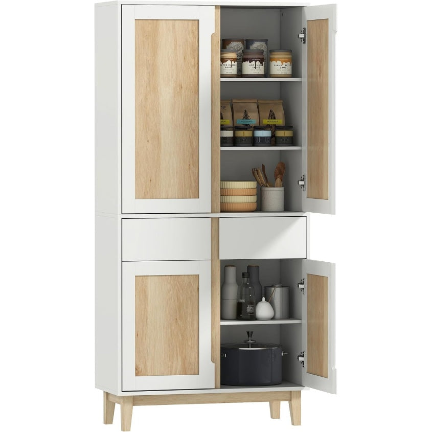 Colonne vaisselier de cuisine blanche et chene avec quatre portes, dimensions 80 x 35 x 170 cm, grand espace de stockage