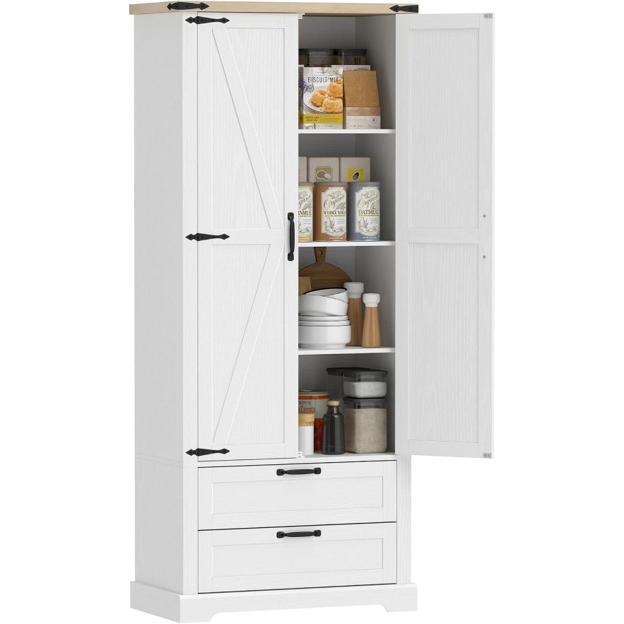 Vaisselier haut de cuisine blanc avec deux portes, dimensions 76 x 40 x 180 cm, grand espace de stockage vertical