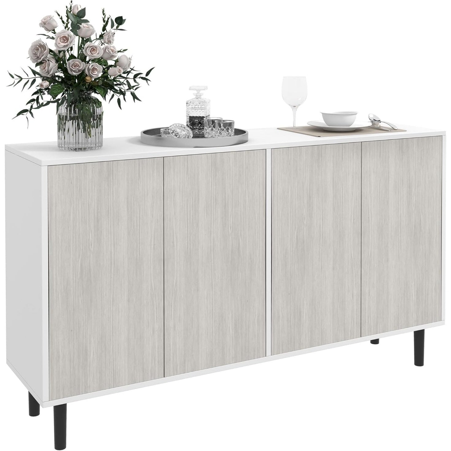 Meuble bas de cuisine blanc et gris aspect bois avec deux placards, dimensions 121 x 37 x 75 cm, rangement pratique