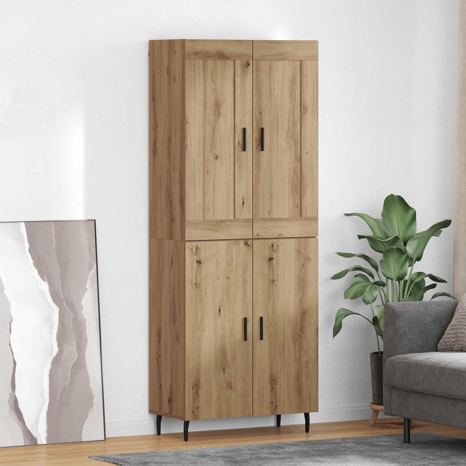 Duo de meubles hauts en chene artisanal avec rangements spacieux, structure rectangulaire et ferrures metalliques resistantes pour salle a manger et cuisine