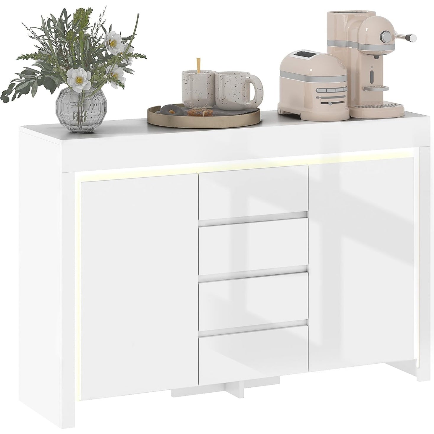 Buffet salon avec eclairage LED integre, finition blanc brillant, dimensions 120 x 34 x 80 cm pour rangement moderne