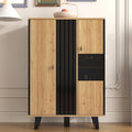 Vitrine multifonction noire et bois avec quatre grandes etageres, portes en verre et eclairage LED integre