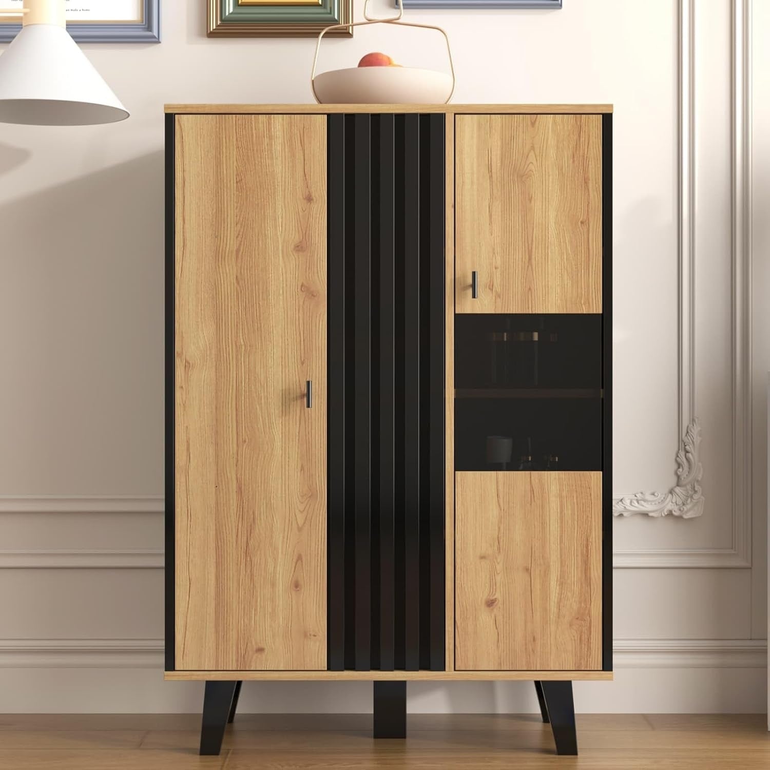 Vitrine multifonction noire et bois avec quatre grandes etageres, portes en verre et eclairage LED integre