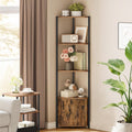 Etagere d'angle avec placard ferme et 5 niveaux, meuble compact marron rustique et noir pour salon chambre cuisine ou salle de bain