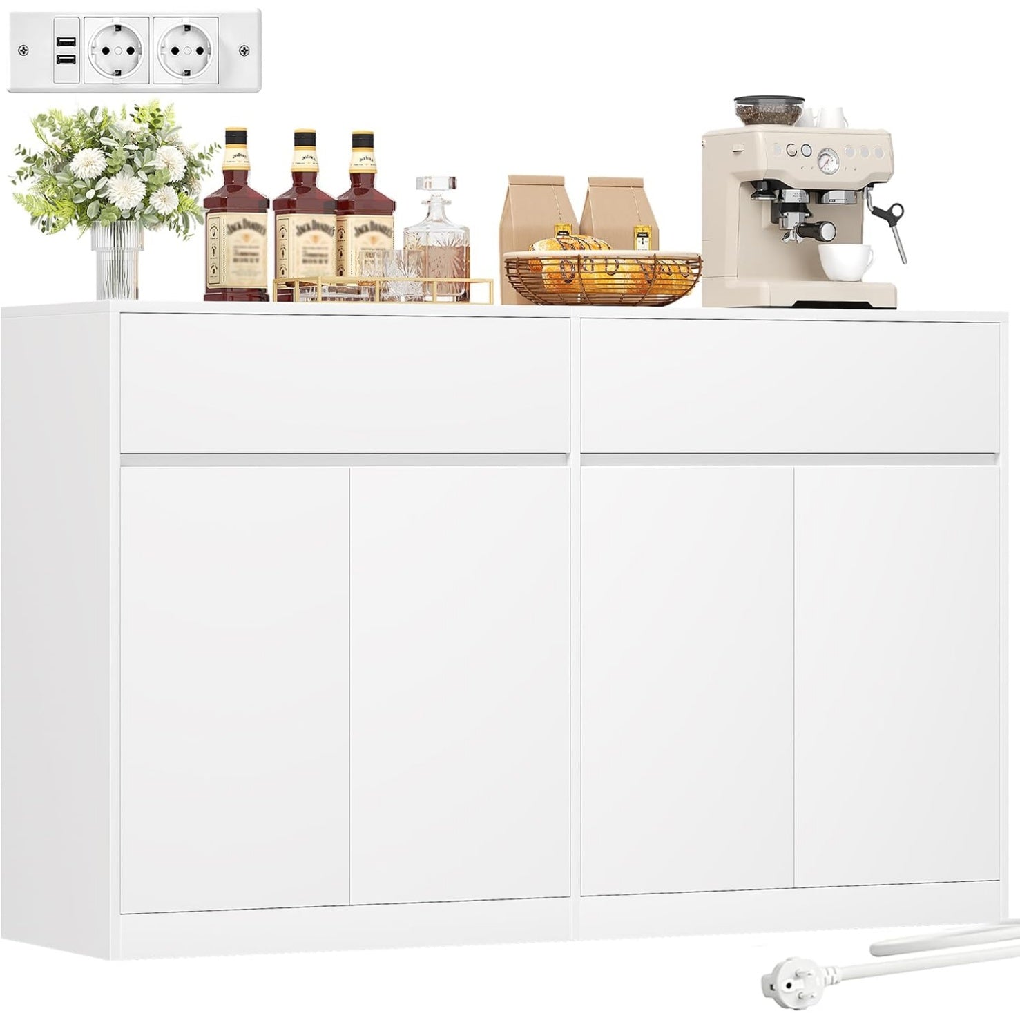 Meuble cuisine blanc avec systeme electrique integre, rangement pratique pour salle a manger et preparation des repas