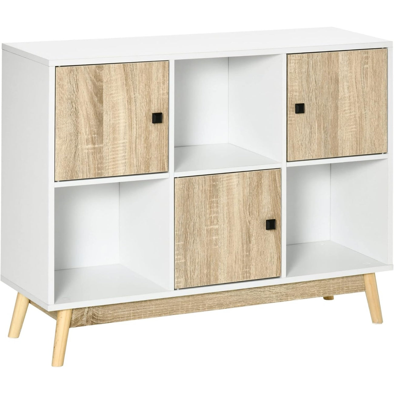 Buffet salon moderne avec 9 compartiments et 3 portes, finition blanc et bois naturel, rangement pratique et elegant