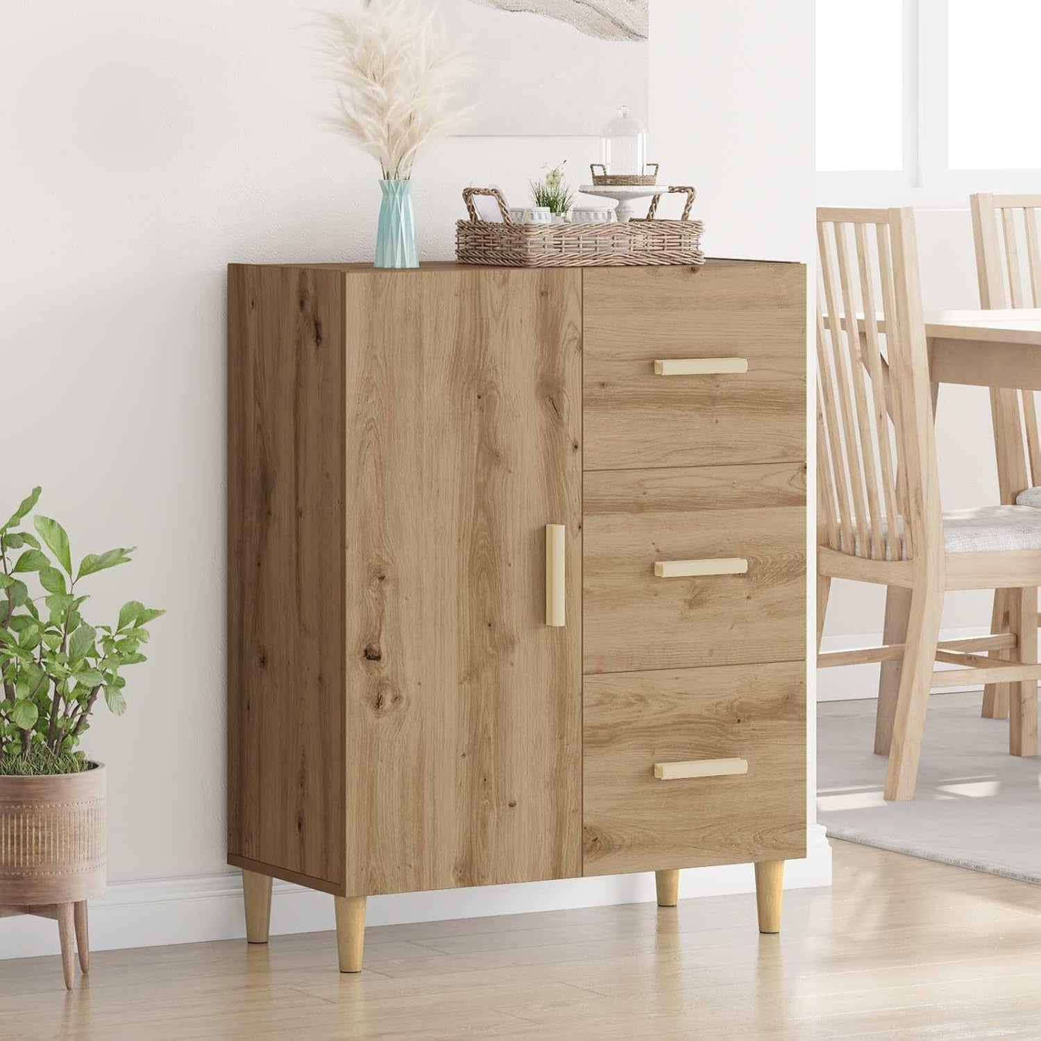 Commode chene 90 cm avec trois tiroirs et une porte, rangement pratique pour couloir cuisine salon ou bureau