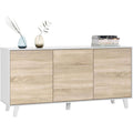 Buffet trois portes 154 x 75 x 41 cm avec finition blanc brillant et chene canadien, meuble de rangement contemporain