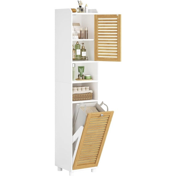 Colonne de rangement bambou 170 cm avec paniers linge, portes et niches ouvertes pour salle de bain