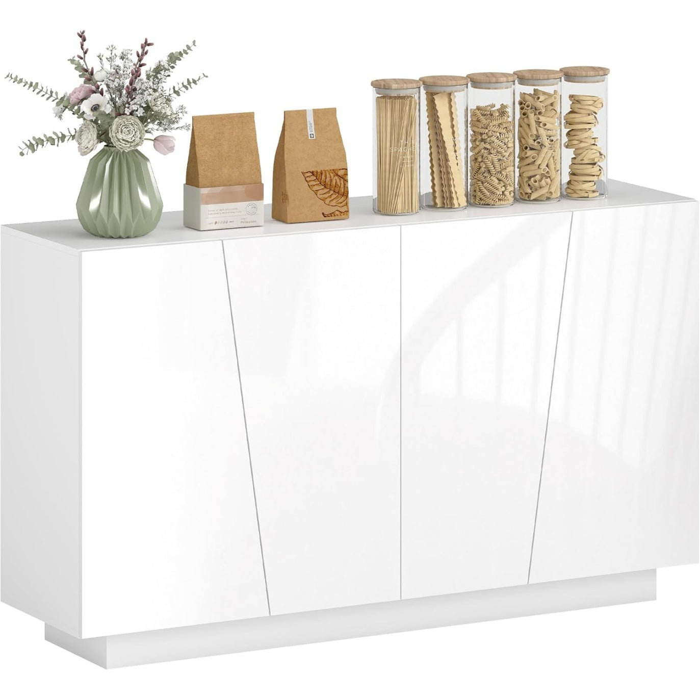 Meuble buffet blanc finition haute brillance avec double ouverture, dimensions 150 x 40 x 88 cm, rangement elegant