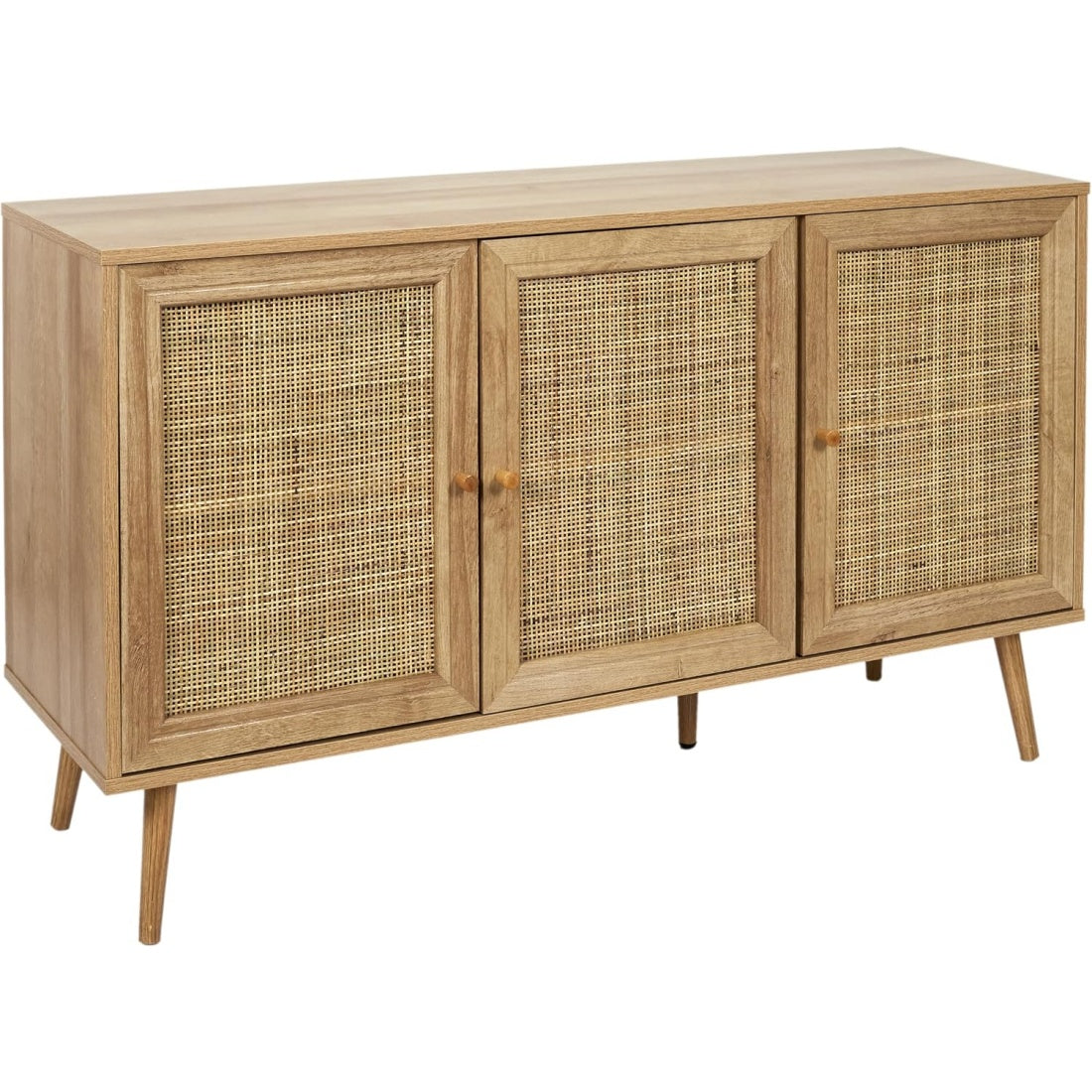 Buffet trois portes en bois style Bali avec finition beige, meuble de rangement decoratif pour interieur moderne