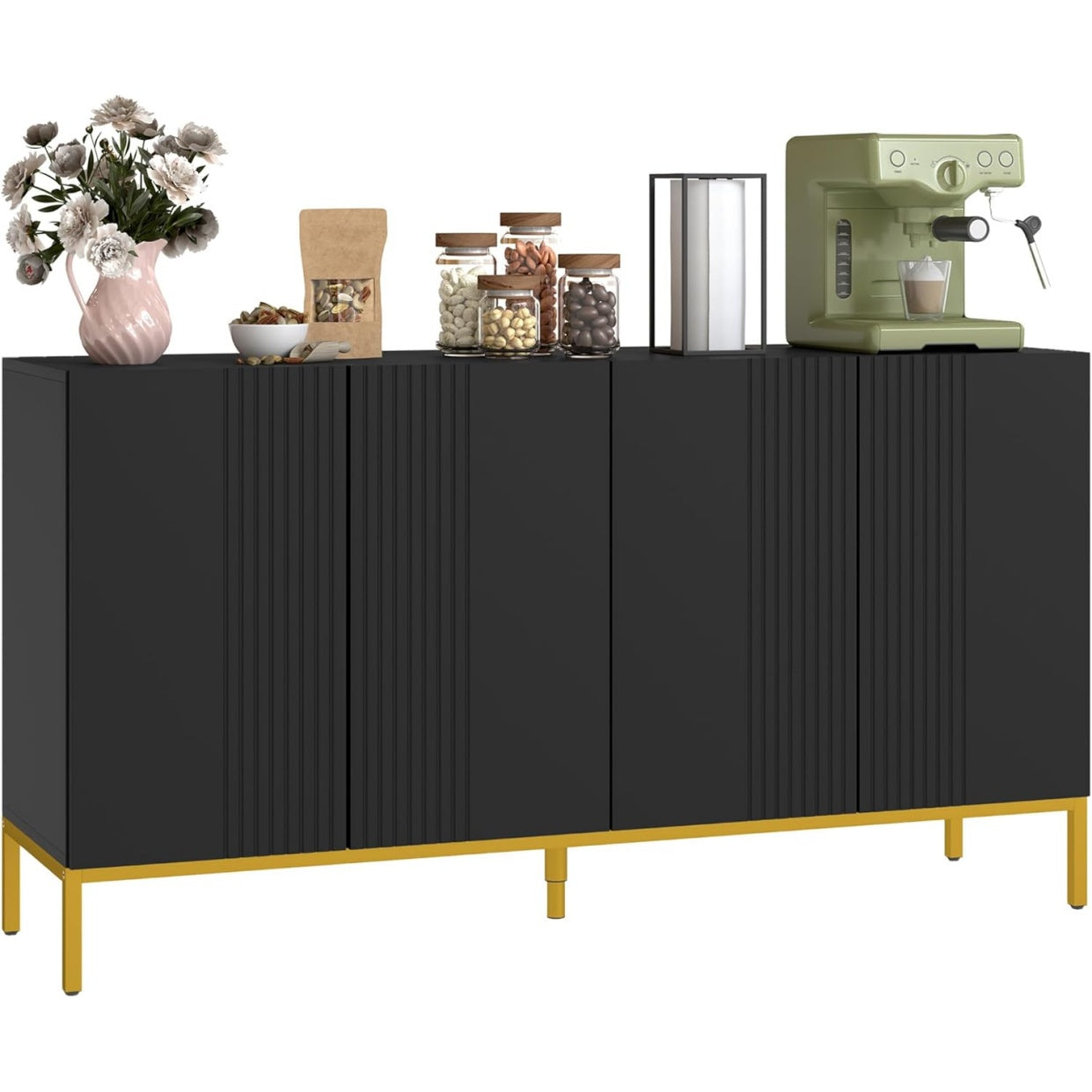 Buffet contemporain noir et dore avec deux placards, meuble decoratif et pratique pour salon moderne