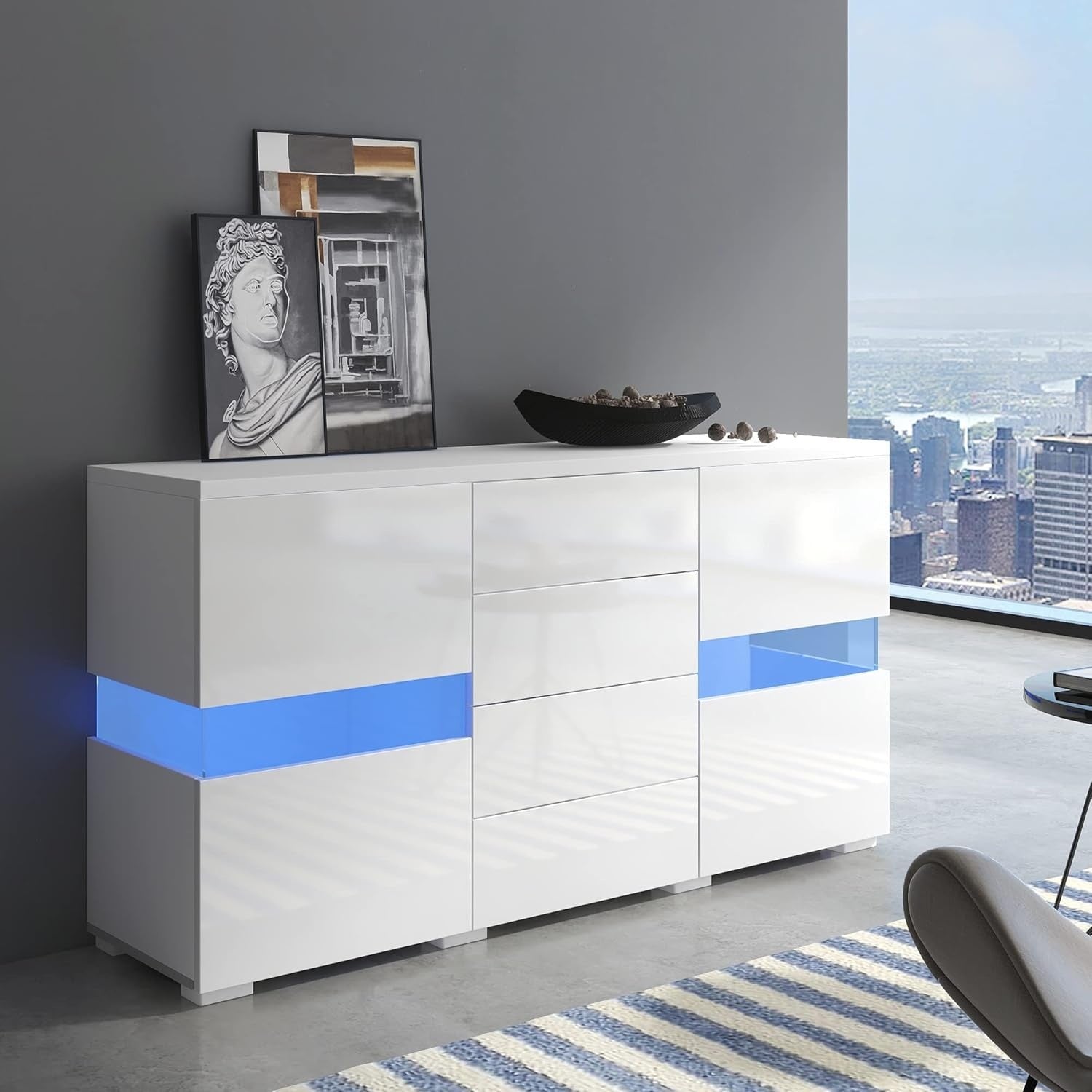 Buffet avec lumiere LED et grande capacite de rangement, meuble d'appoint 140 cm avec portes et tiroirs pour interieur