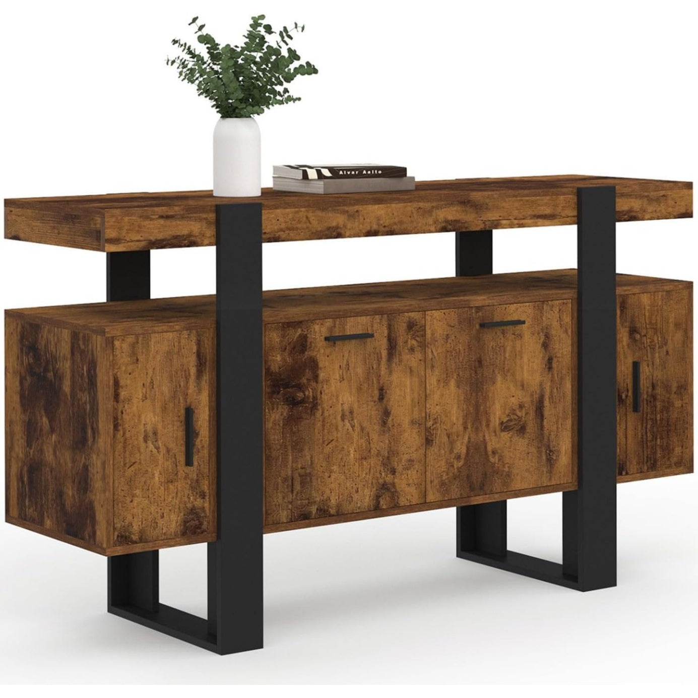 Buffet 140 cm noir et bois effet vieilli avec quatre portes de rangement