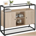 Rangement industriel bois clair 100 cm avec plateau verre et six compartiments, meuble moderne pour salon contemporain