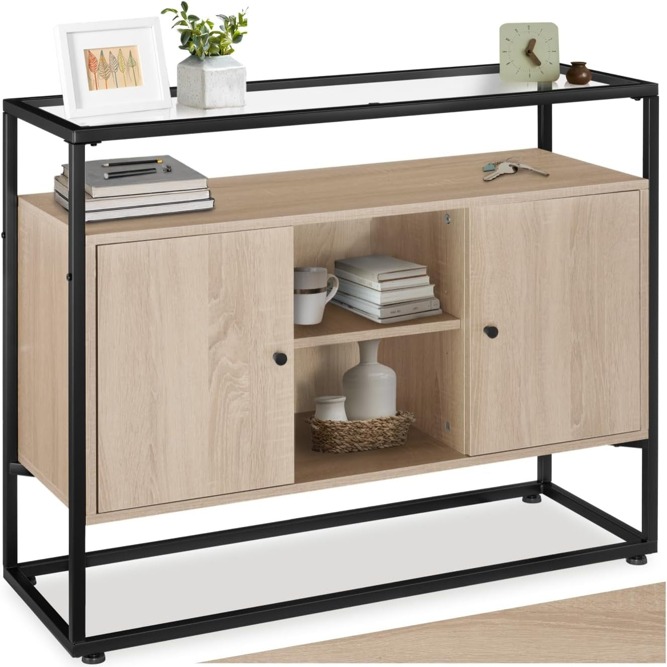 Rangement industriel bois clair 100 cm avec plateau verre et six compartiments, meuble moderne pour salon contemporain