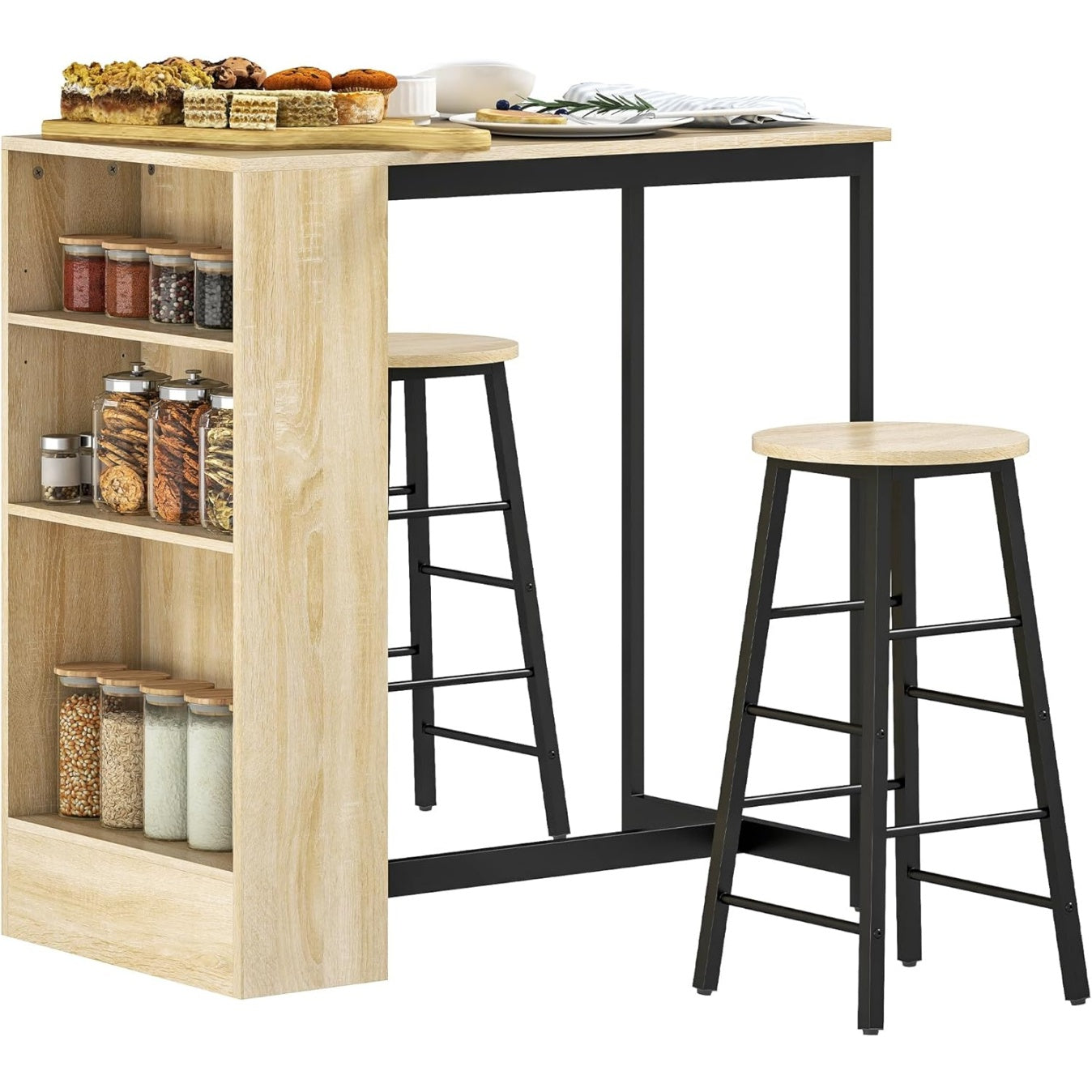 Coin repas complet avec table haute chene noir et deux tabourets assortis pour cuisine ou espace bar