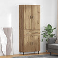 Meuble colonne en chene artisanal 69,5 x 34 x 180 cm avec deux tiroirs et facade vitree, combinaison de rangement et design contemporain