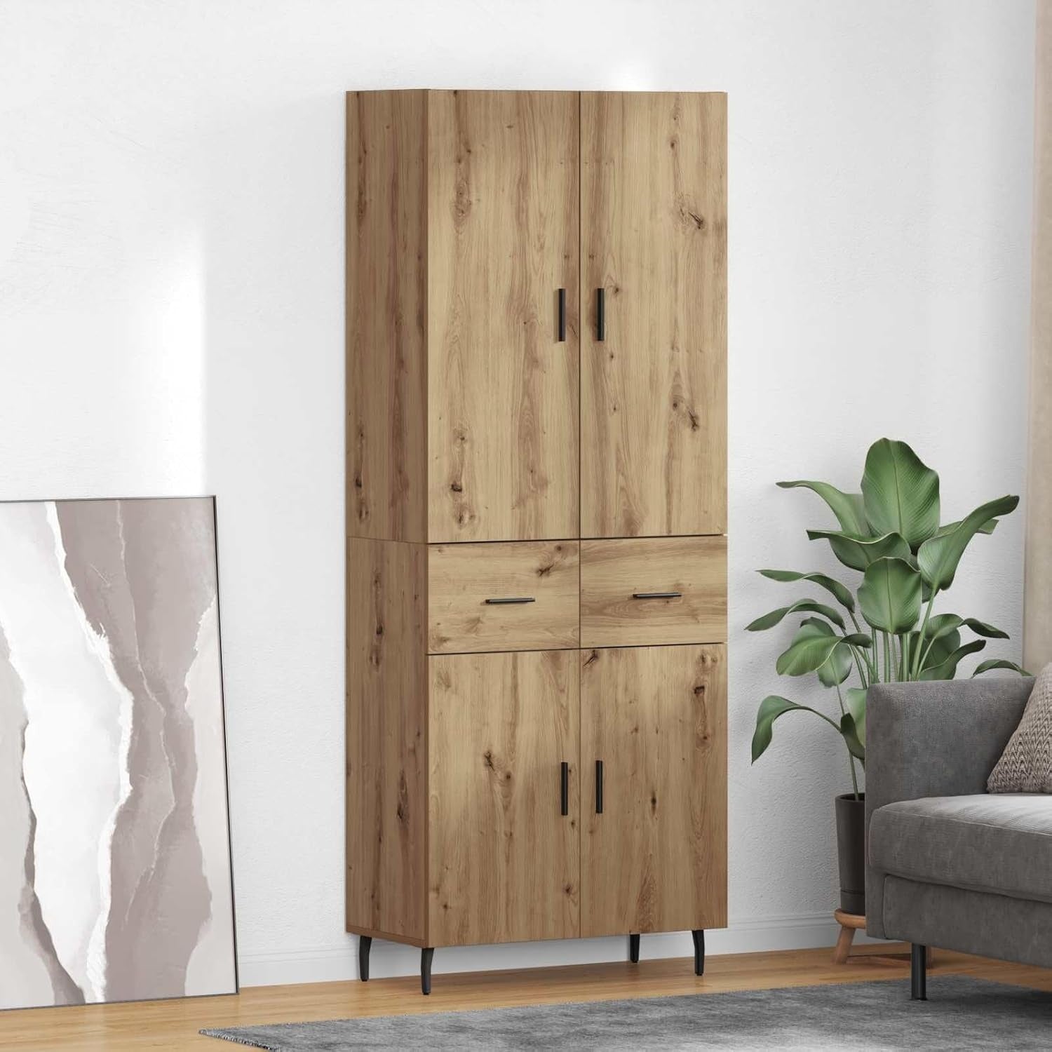 Meuble colonne en chene artisanal 69,5 x 34 x 180 cm avec deux tiroirs et facade vitree, combinaison de rangement et design contemporain