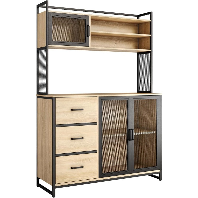Meuble colonne multifonction 116 x 40 x 170 cm avec trois portes et trois tiroirs, design moderne pour maison et bureau