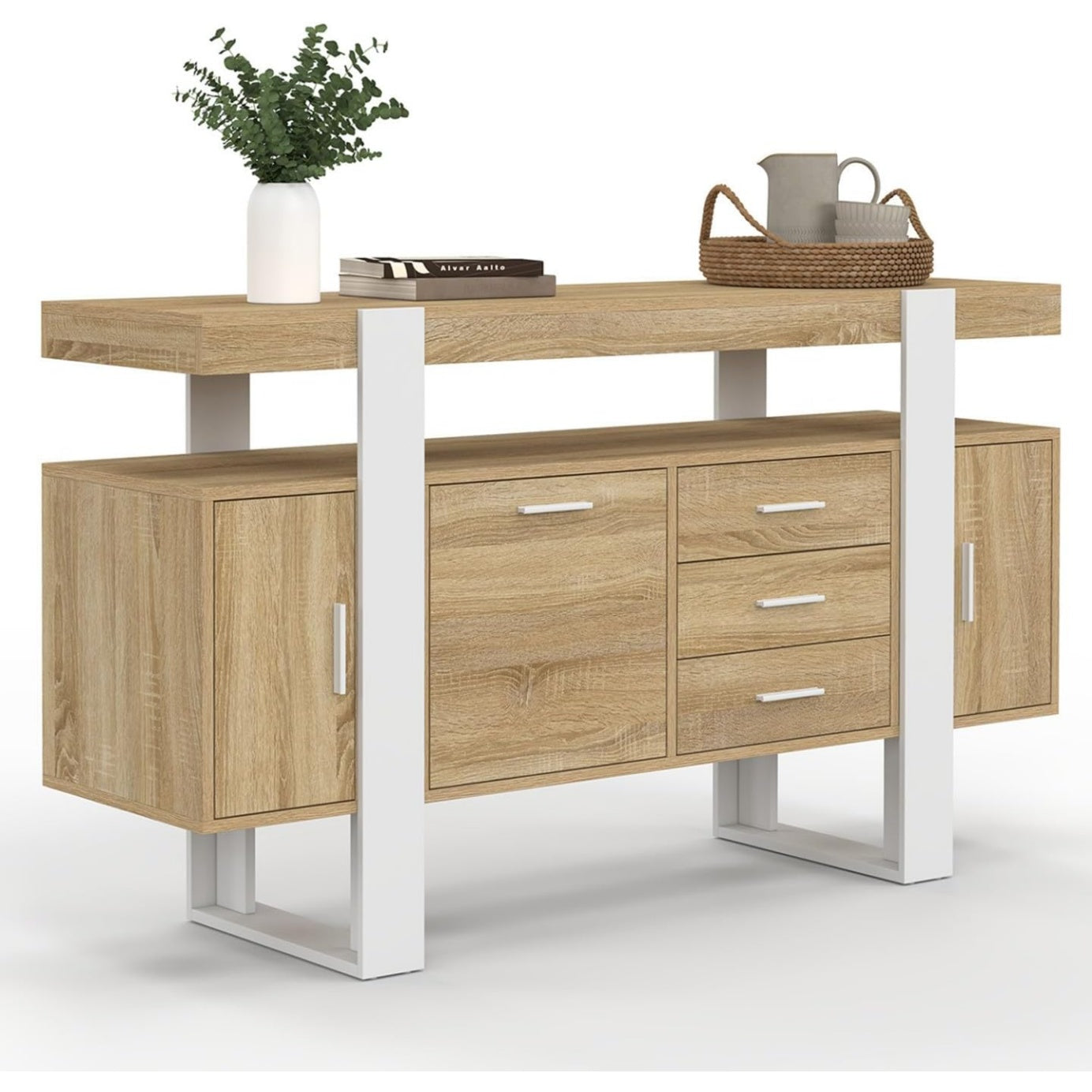 Buffet bois et blanc 140 cm avec trois portes et trois tiroirs, meuble pratique pour rangement quotidien