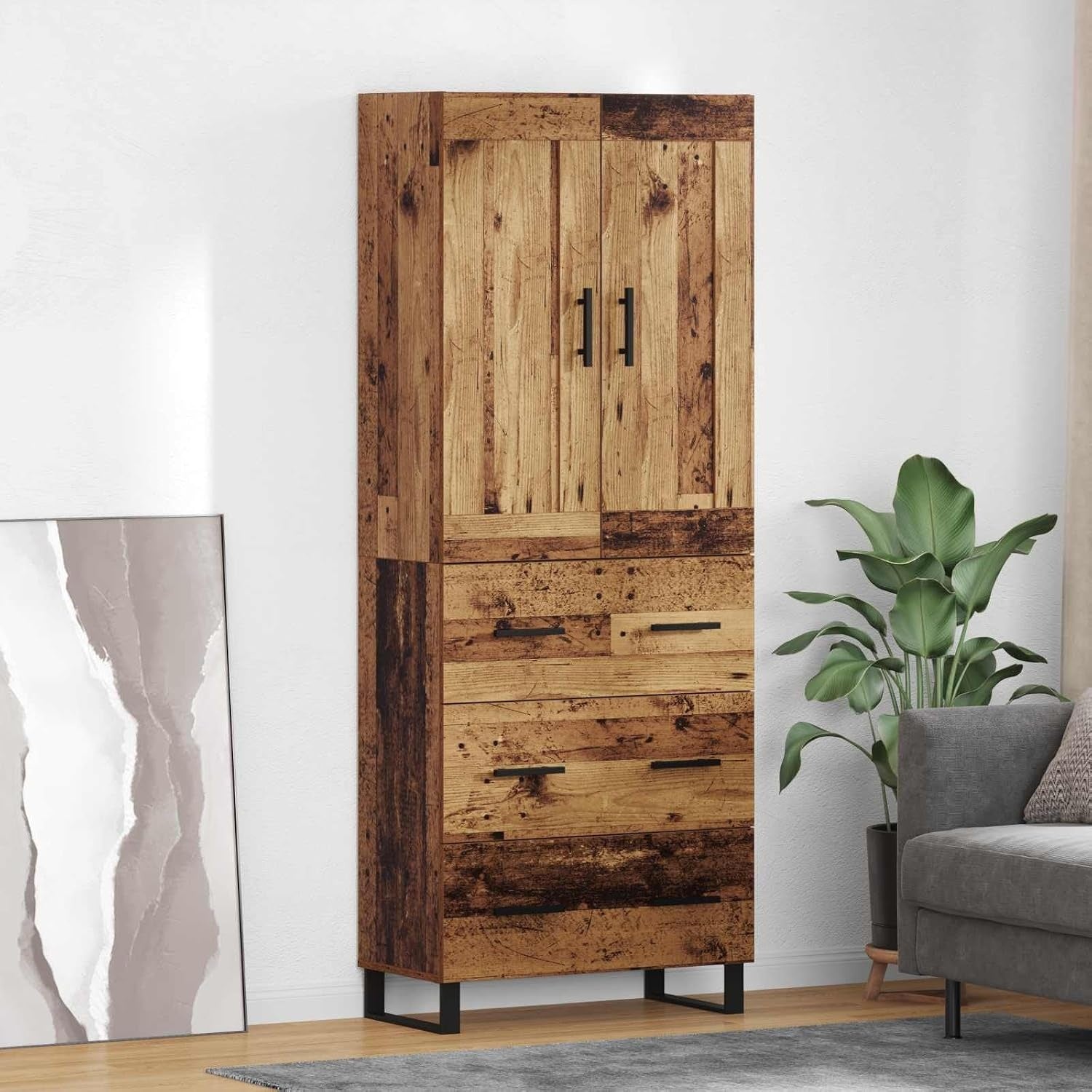 Armoire buffet 180 cm en bois d'ingenierie avec portes battantes et poignees noires, rangement moderne pour salon ou salle a manger