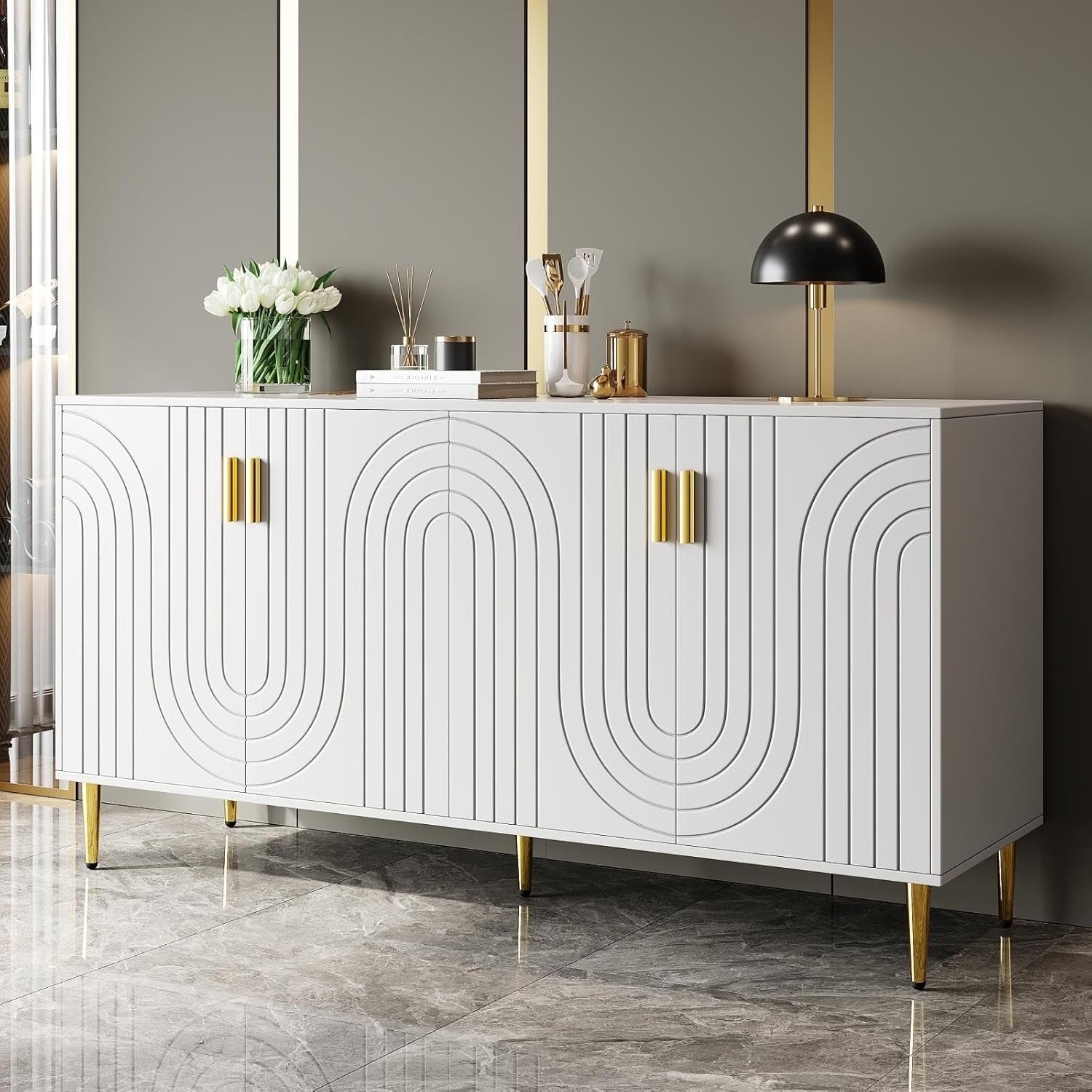 Buffet contemporain 152 x 40 x 75 cm avec quatre portes, fabrication MDF, meuble multifonctionnel blanc au style moderne