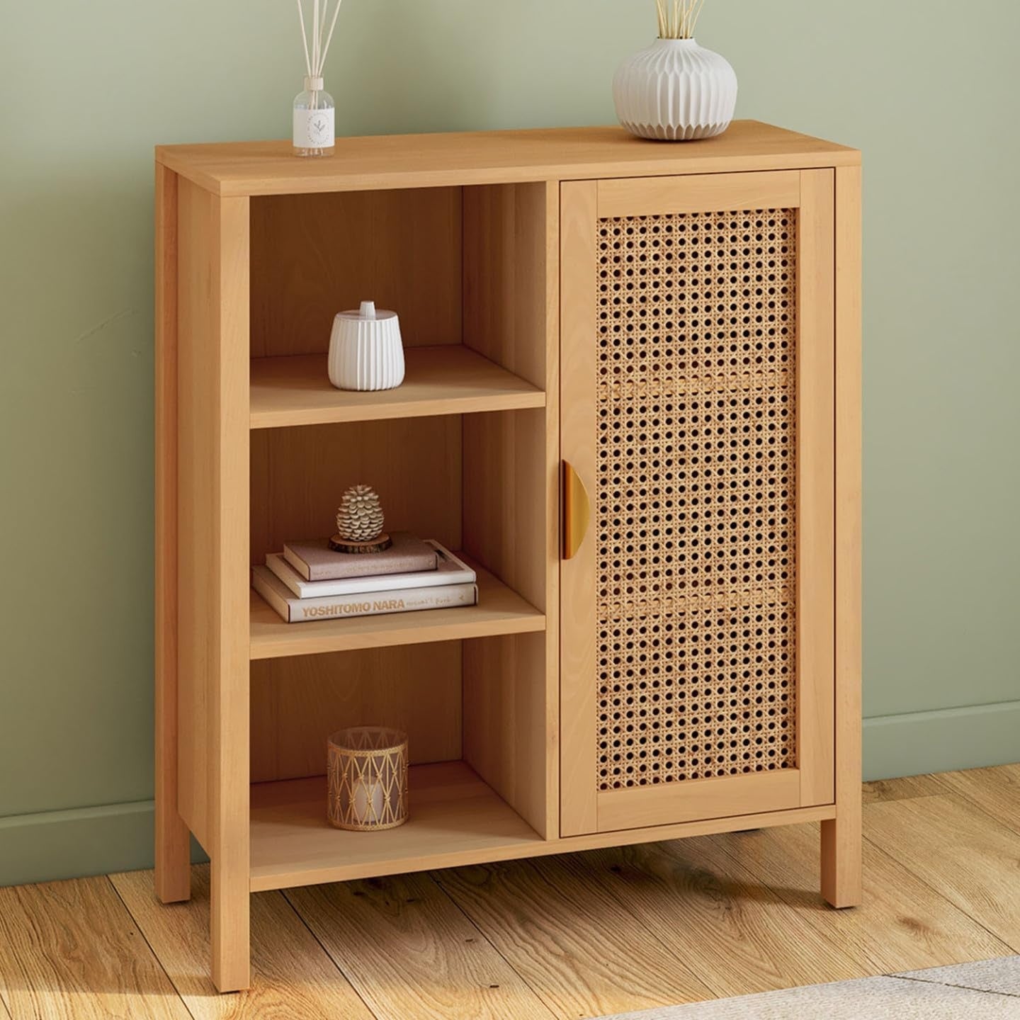 Console EDHEN 70 cm en bois et cannage avec placard et trois etageres, meuble decoratif elegant